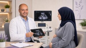 د. محمد العجمي يشرح مسح تشوهات الجنين في الأسبوع العشرين لمريضة محجبة